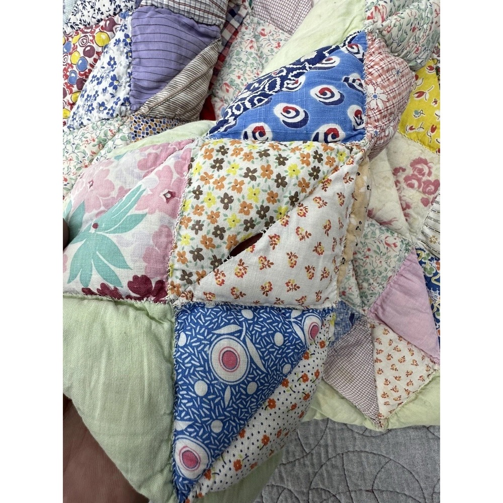 Vintage Handmade Patchwork Quilt Floral Feedsack Style Diamond Scrap Pastel - Picture 6 of 11